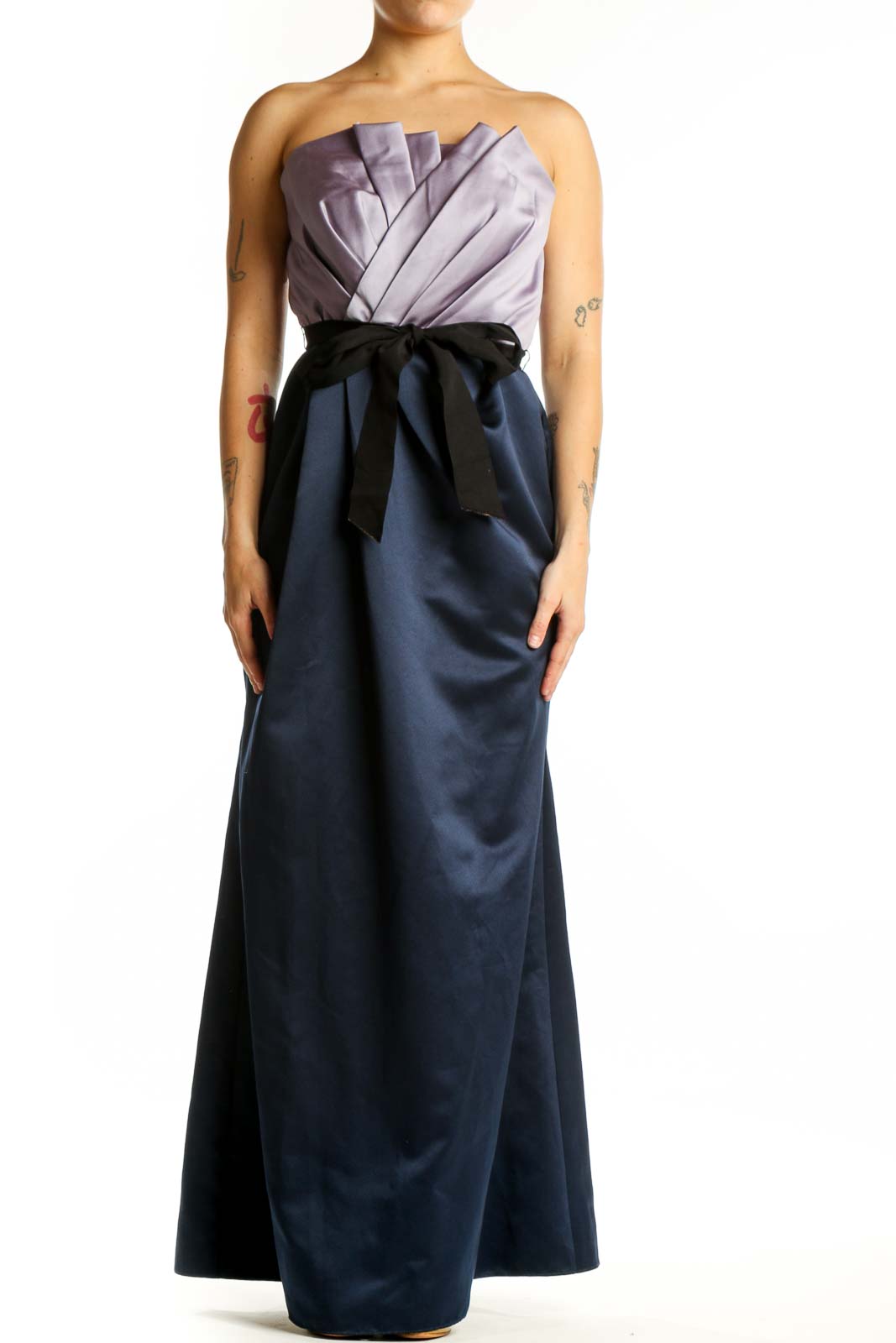 Navy Strapless Maxi Dress with Purple Overlay Front