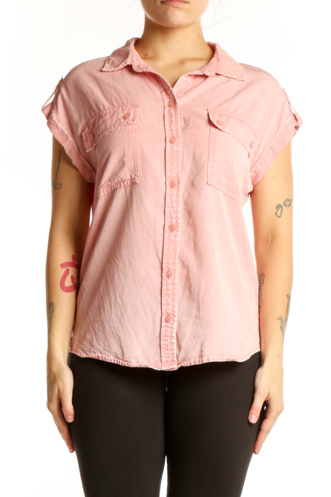 Pink Short Sleeve Button-Up Shirt Front
