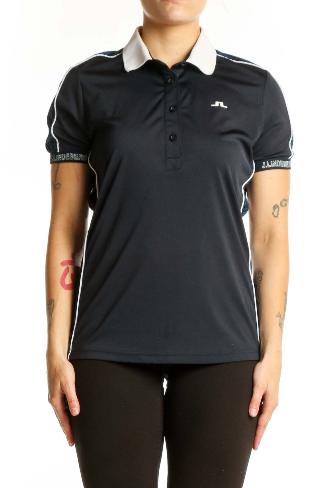 Black Polo Shirt with White Collar Trim Front