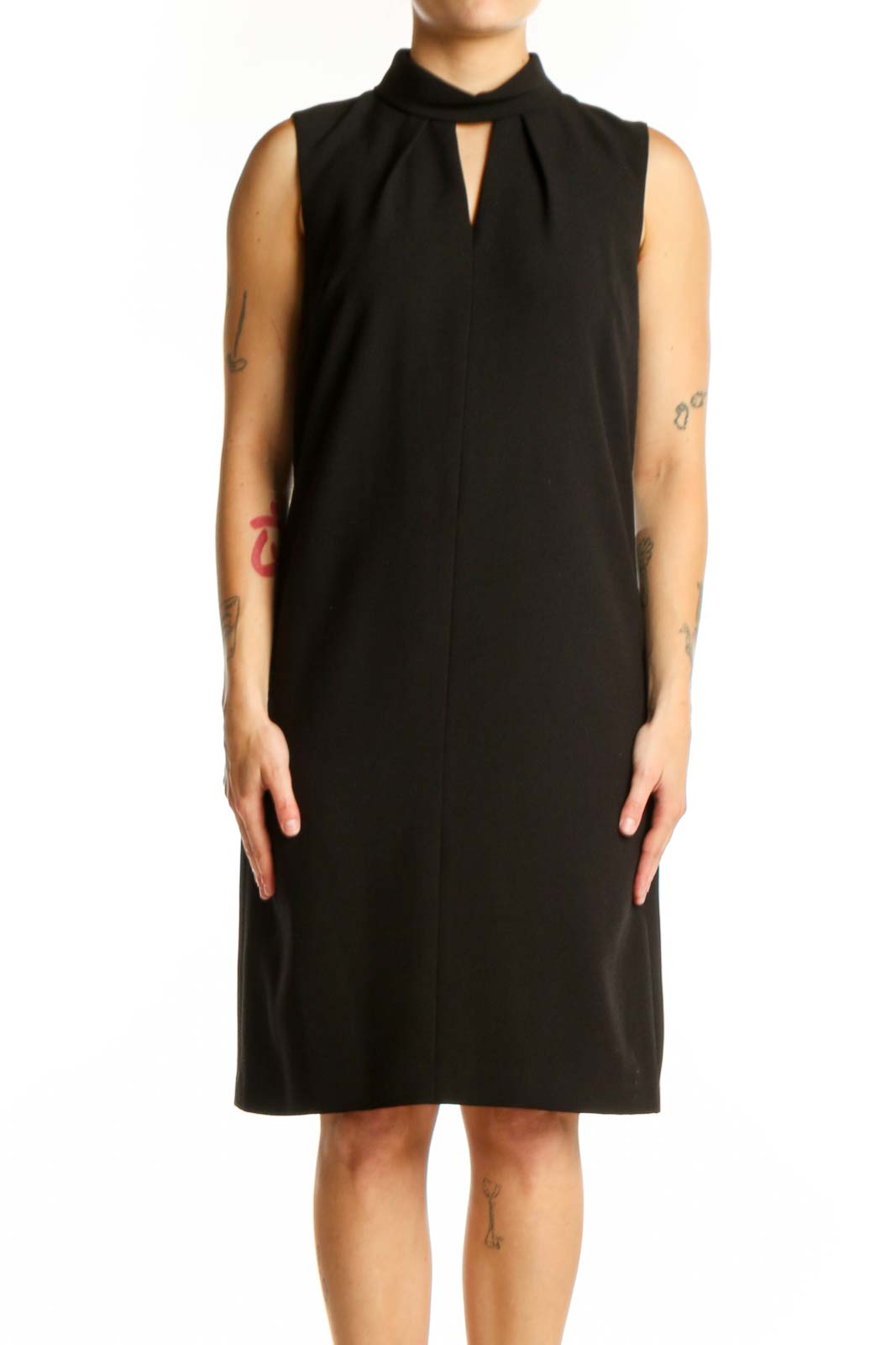 Black Sleeveless Shift Dress with Keyhole Neckline Front