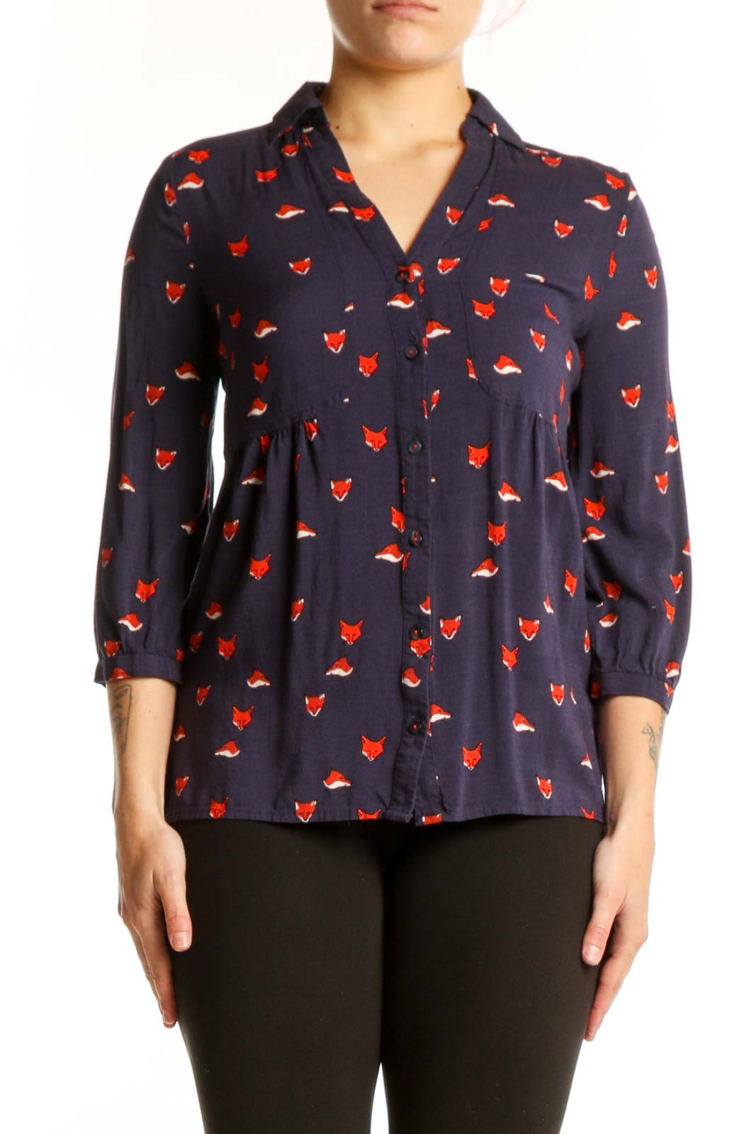 Navy Fox Print Rayon Button-Up Top Front