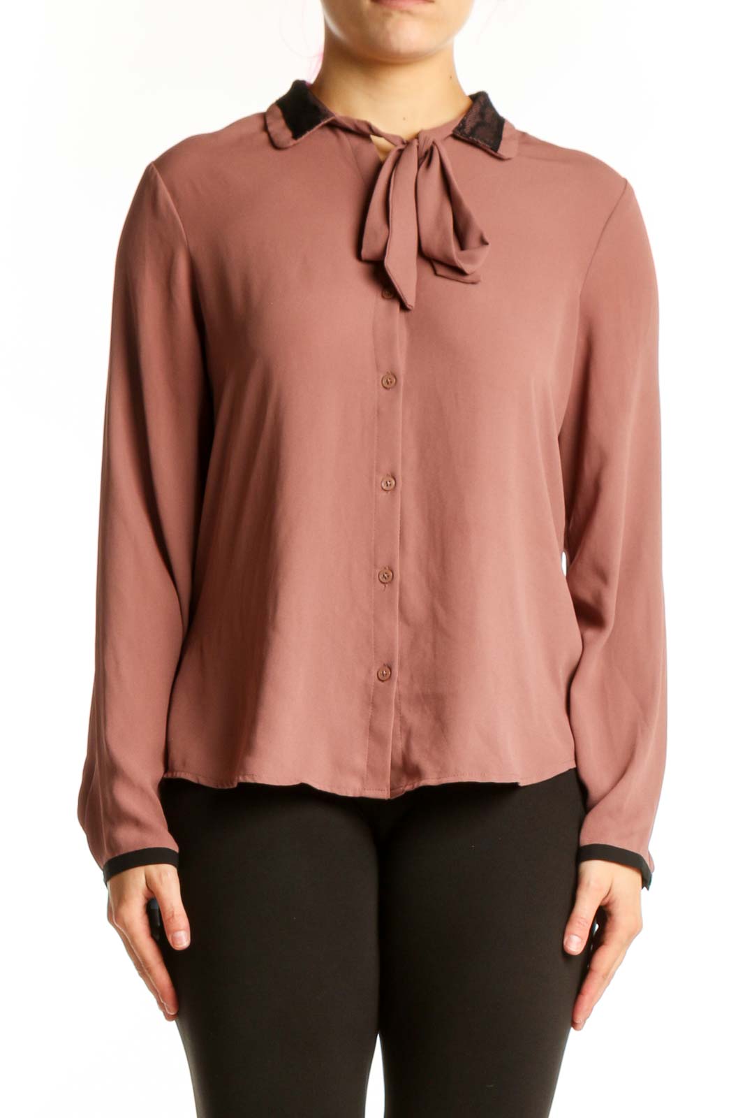 Mauve Tie Neck Button-Up Blouse Front