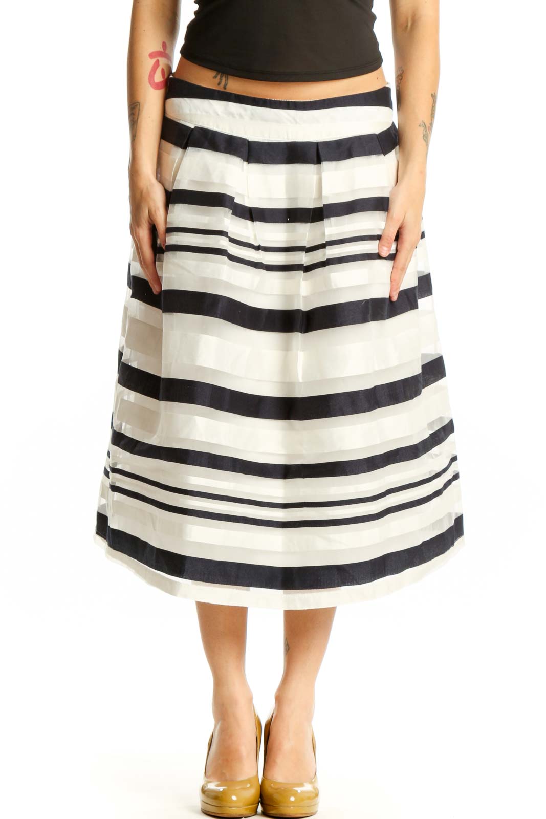 Black and White Striped A-Line Midi Skirt Front