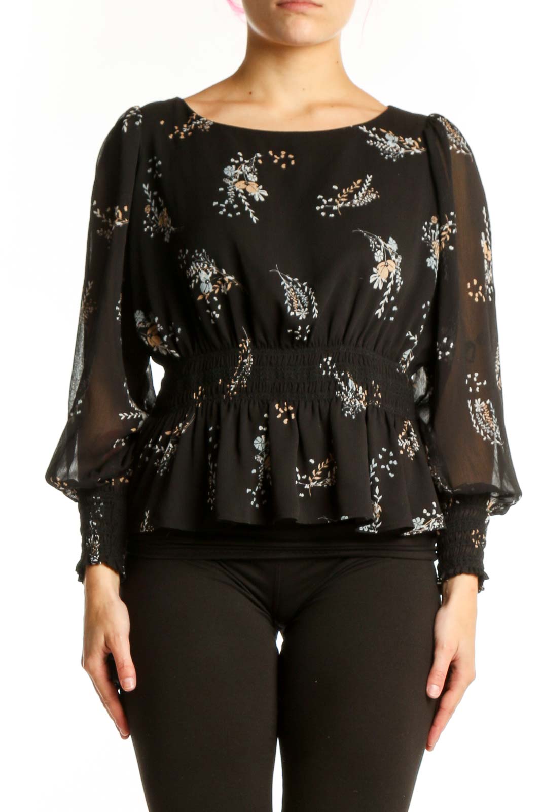 Black Floral Peplum Blouse with Sheer Sleeves Front