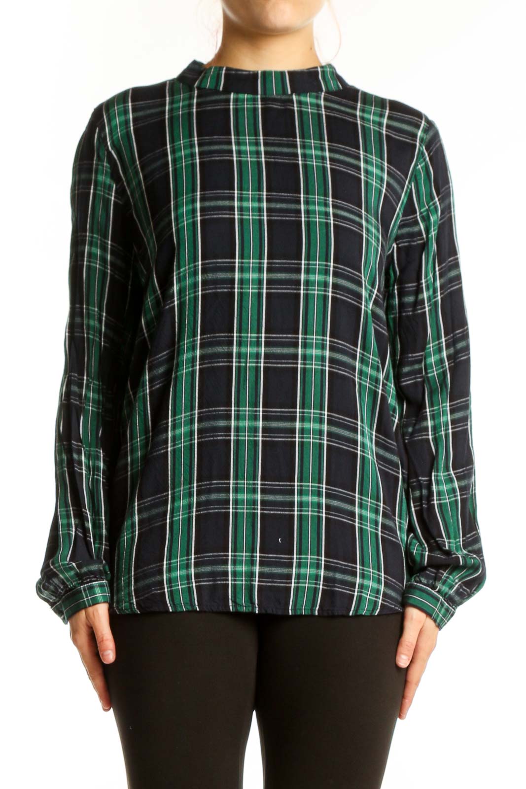 Green Plaid Rayon Long Sleeve Top Front