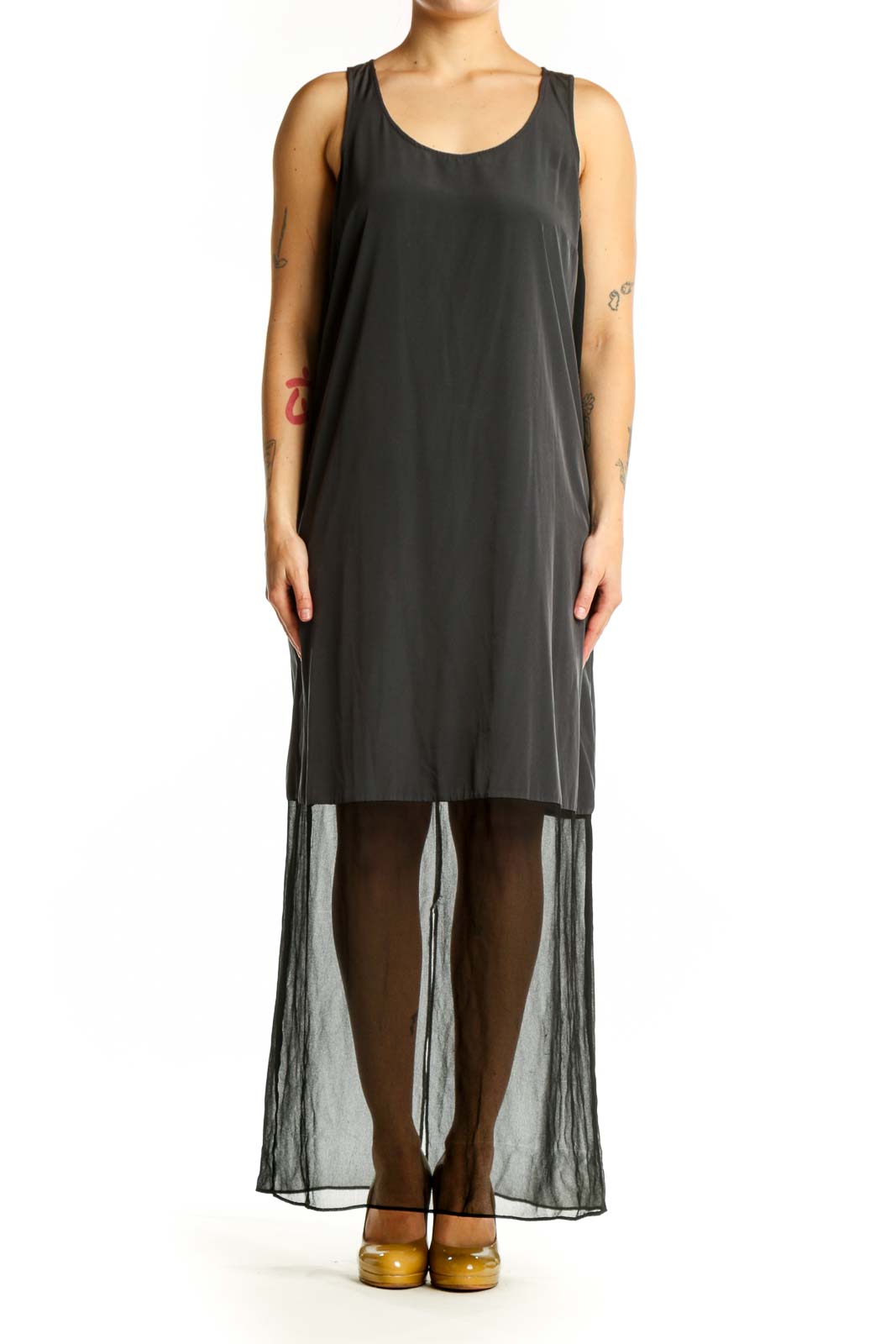 Black Mesh Overlay Tank Dress Front