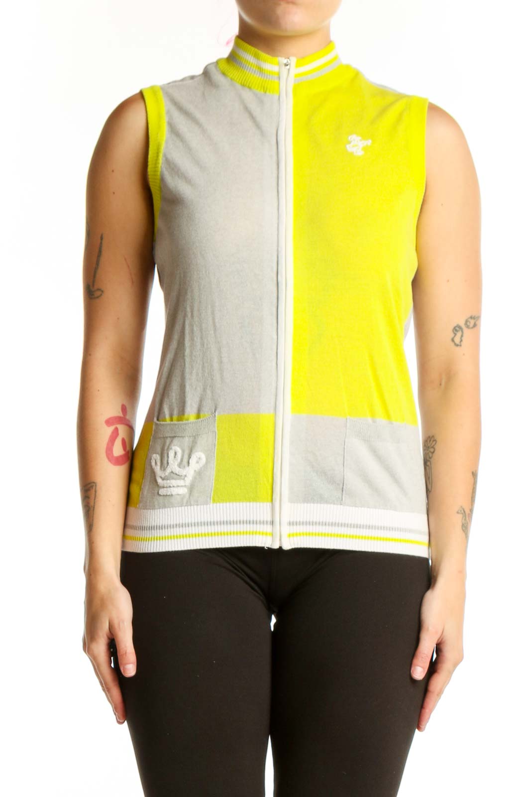 Yellow and Cream Color-Block Sleeveless Vest Front