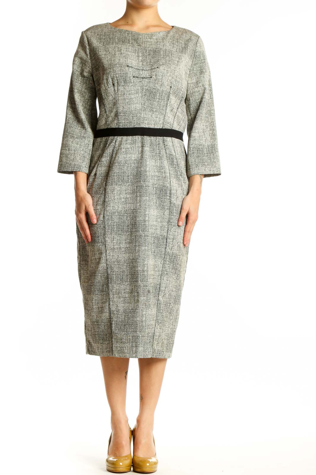 Gray Linen Midi Dress with Belt Front
