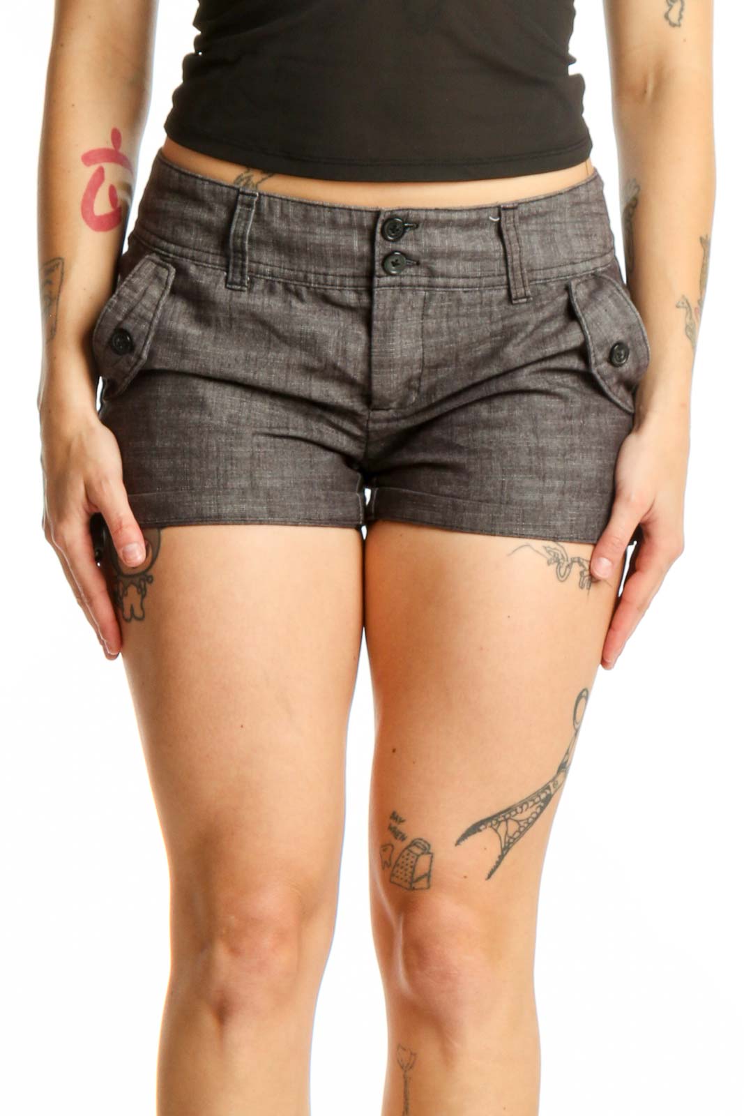 Gray Denim Shorts with Flap Pockets Front