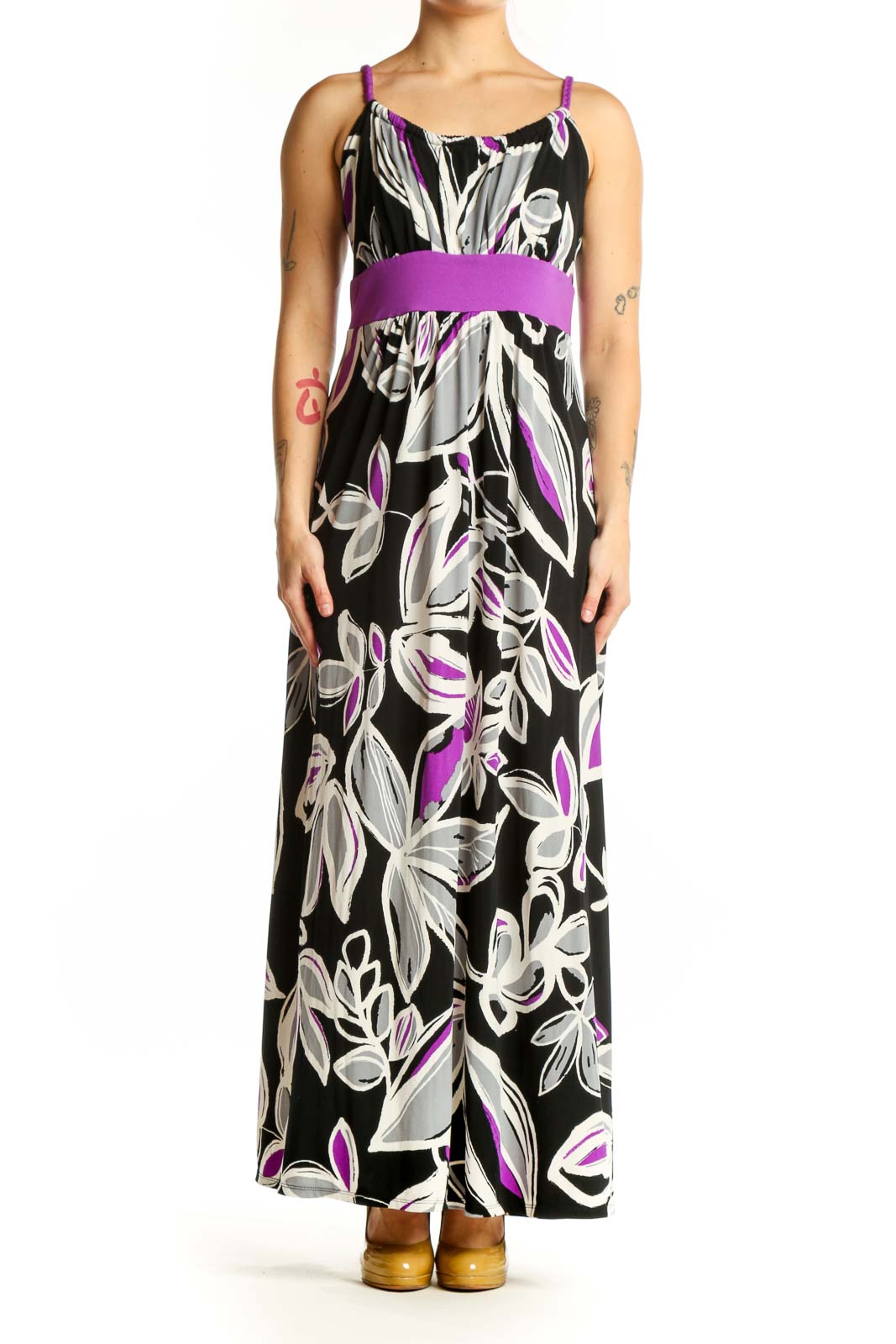 Black Floral Maxi Dress with Purple Waist Band Front
