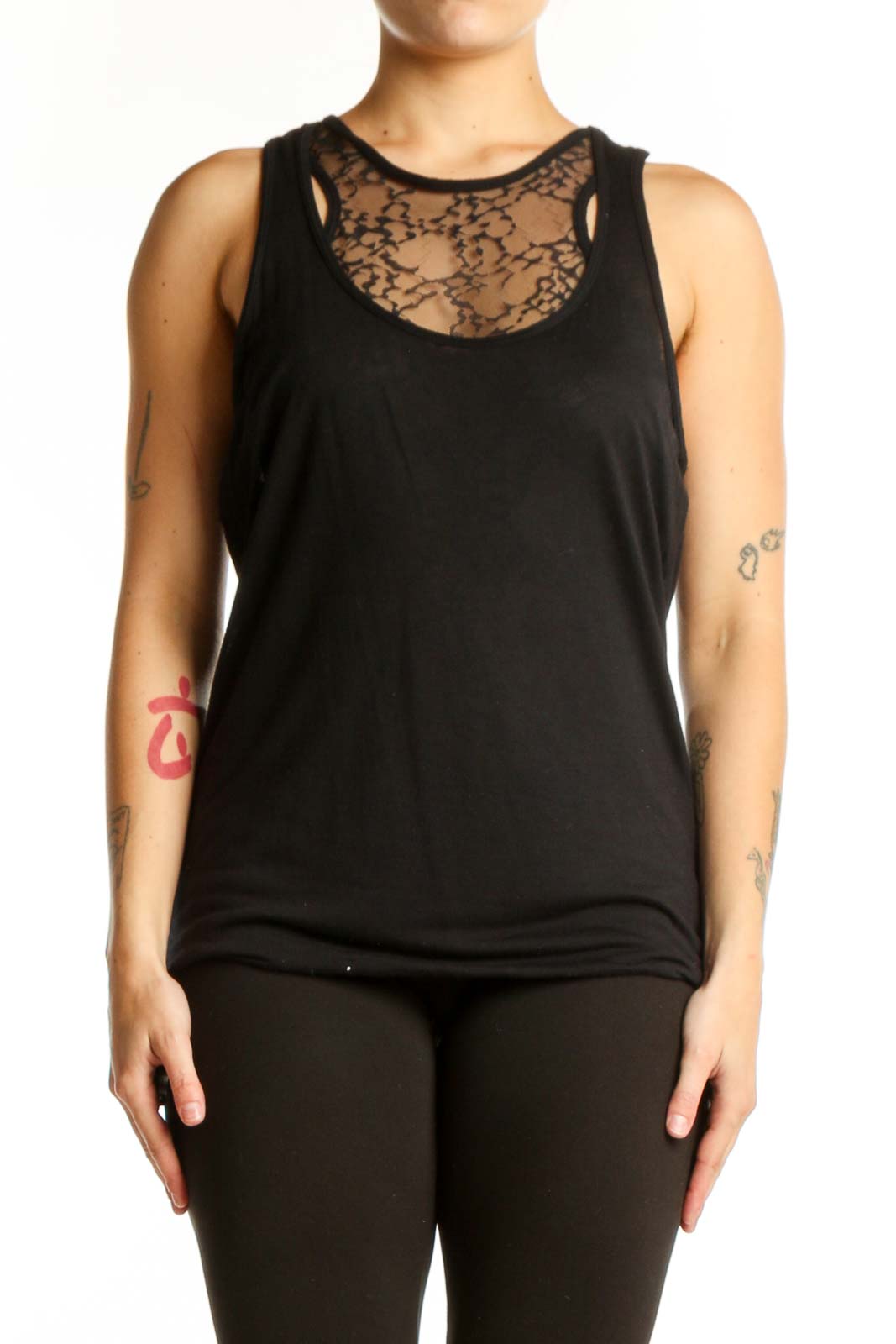 Black Lace Tank Top with Sheer Neckline Front