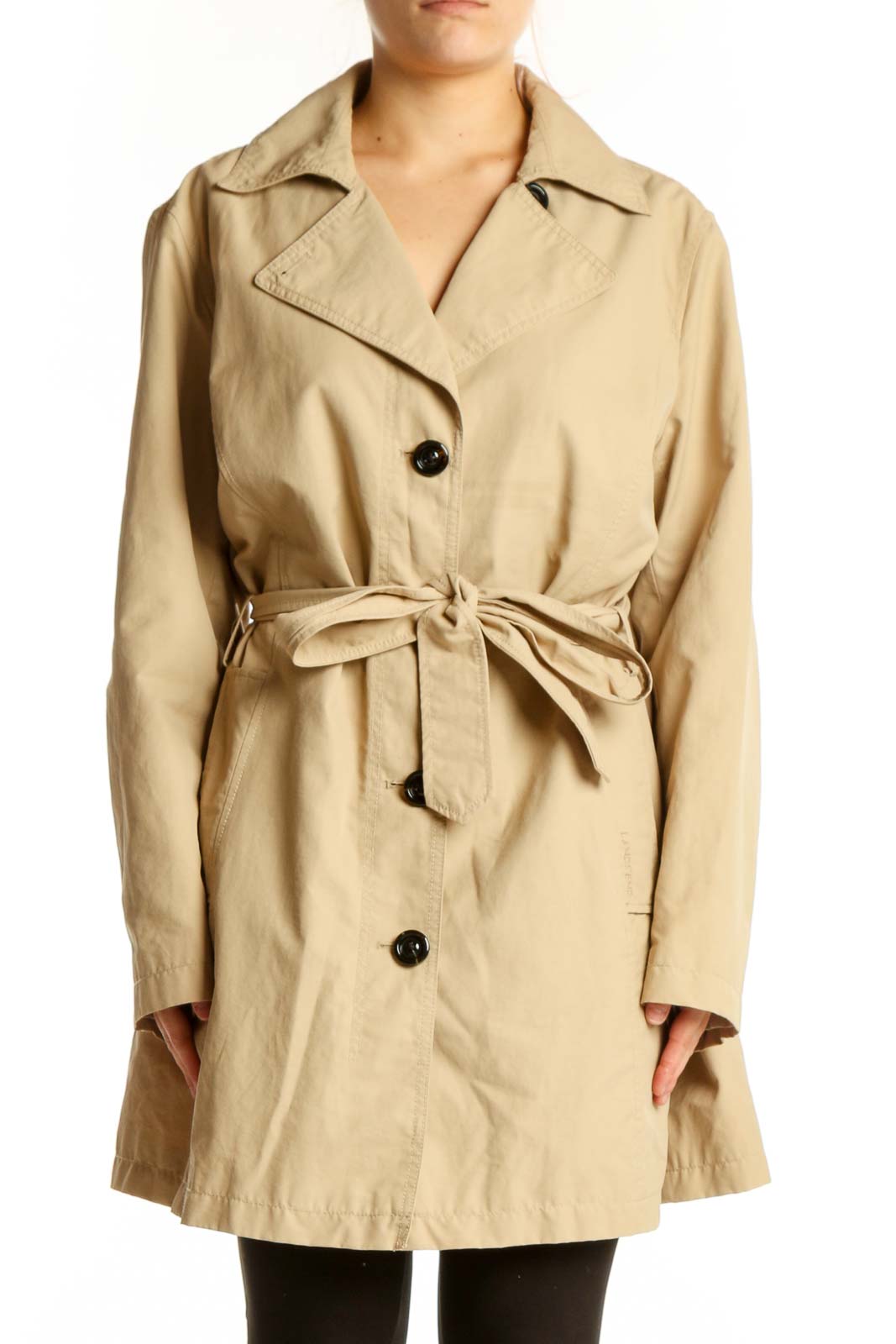 Beige Button-Front Trench Coat with Belt Front