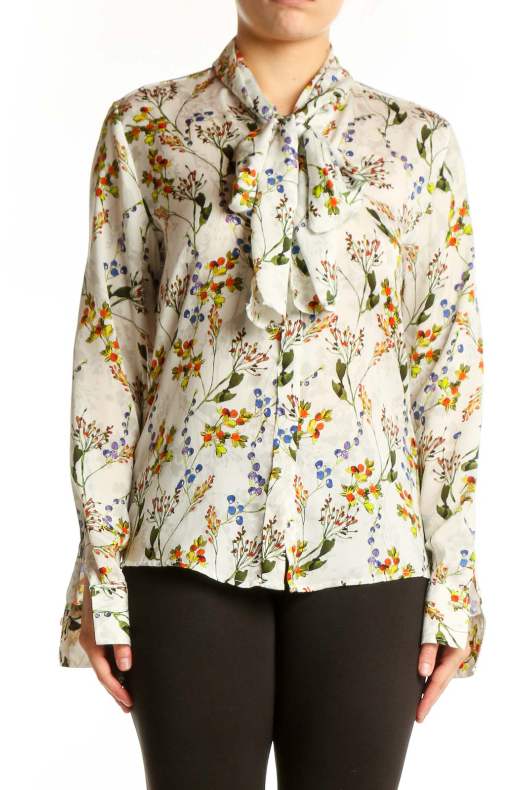Cream Floral Button-Up Blouse Front