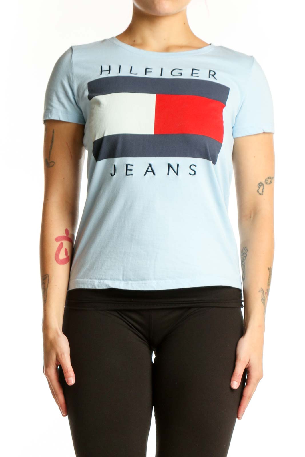 Light Blue Hilfiger Jeans Logo Graphic Tee Front