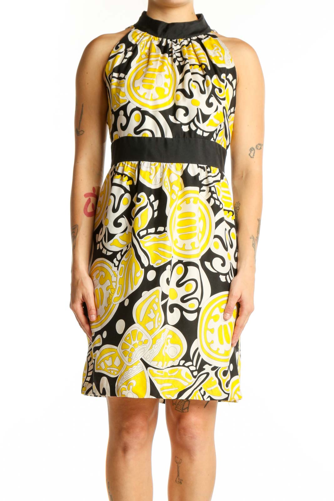 Yellow Abstract Silk Halter Dress Front