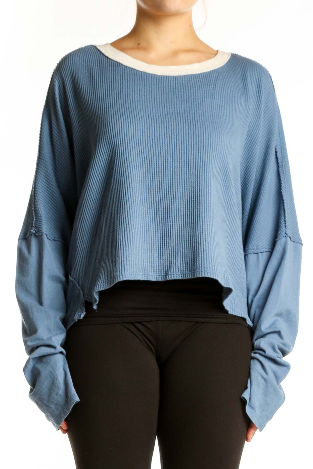 Blue Ribbed Cotton Crop Top with Contrast Trim Front