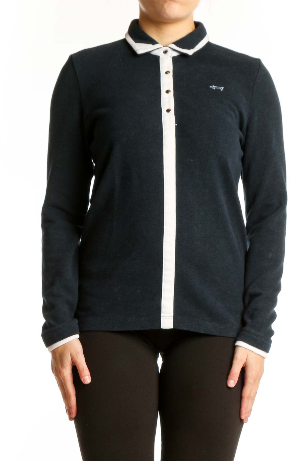 Navy Polo Collar Long Sleeve Top Front