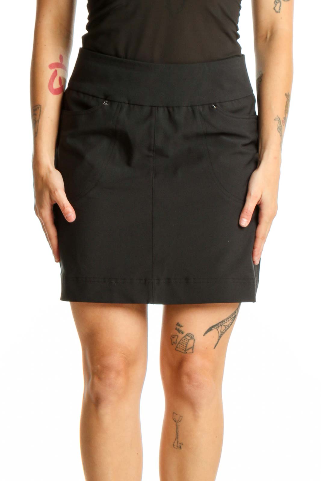 Black Mini Skirt with Elastic Waistband Front