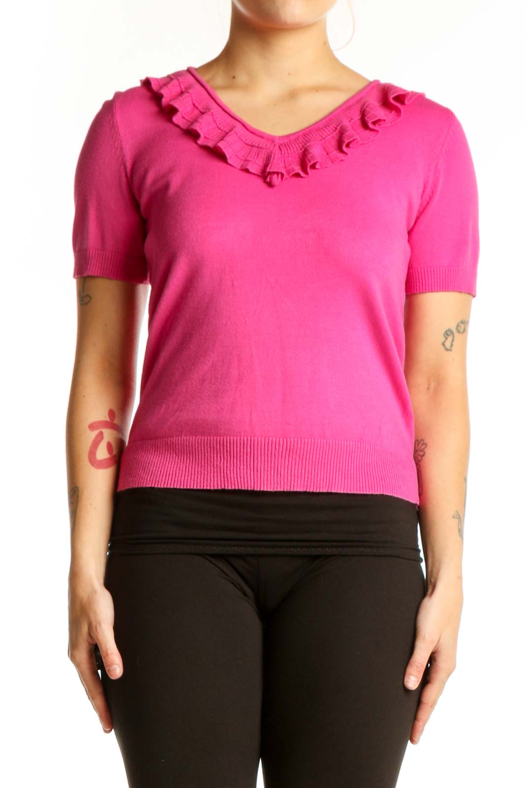 Pink Ruffle V-Neck Short Sleeve Top Front