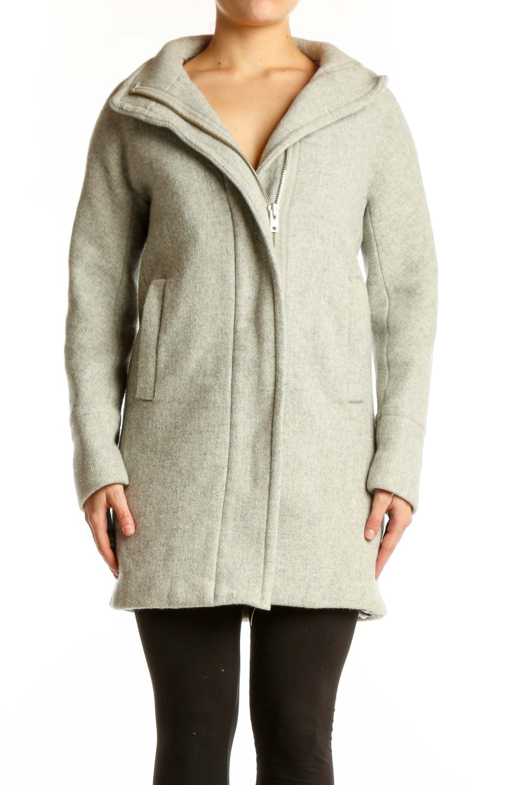 Cream Wool Hooded Zip-Up Coat Front