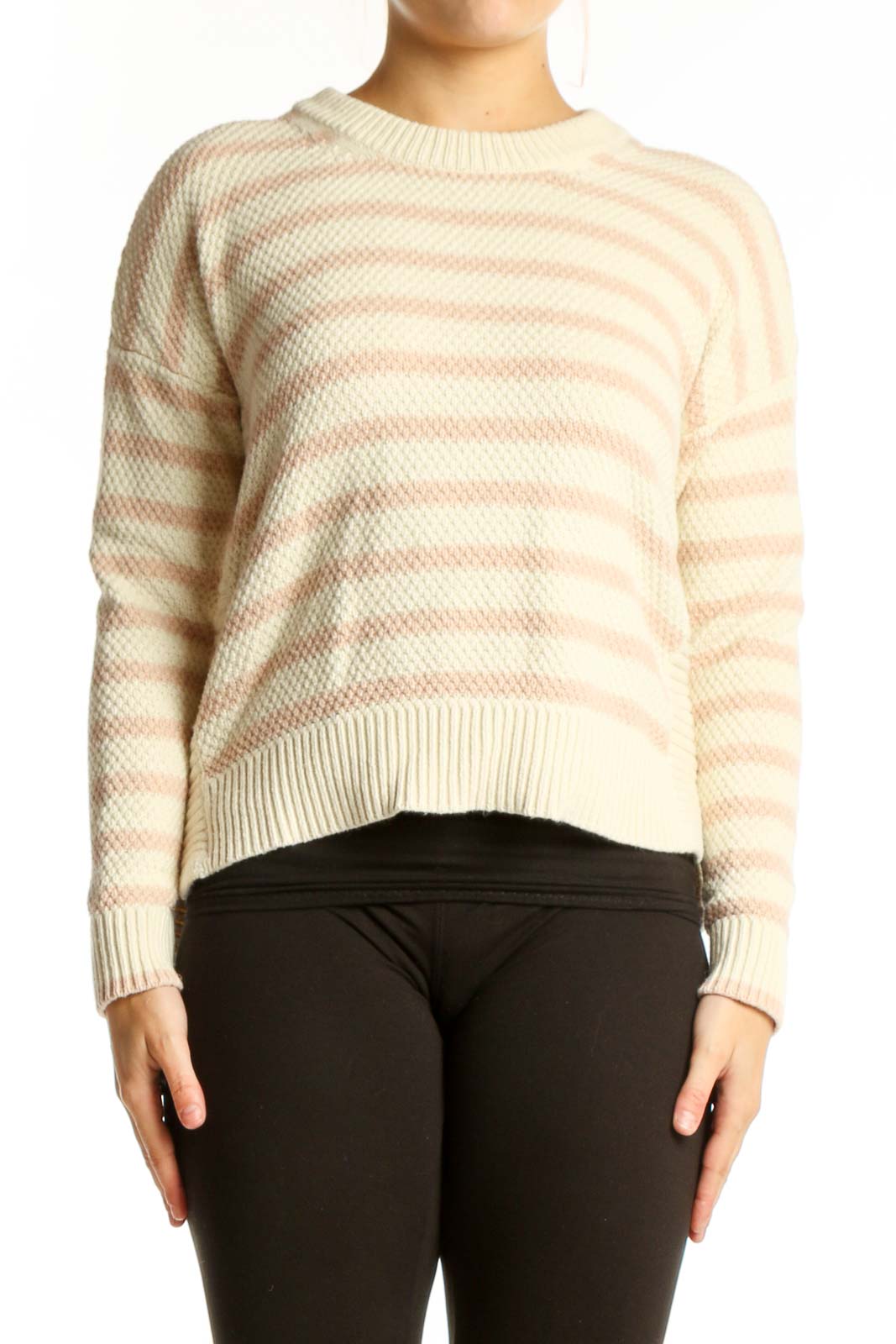 Cream Striped Knit Pullover Sweater Front