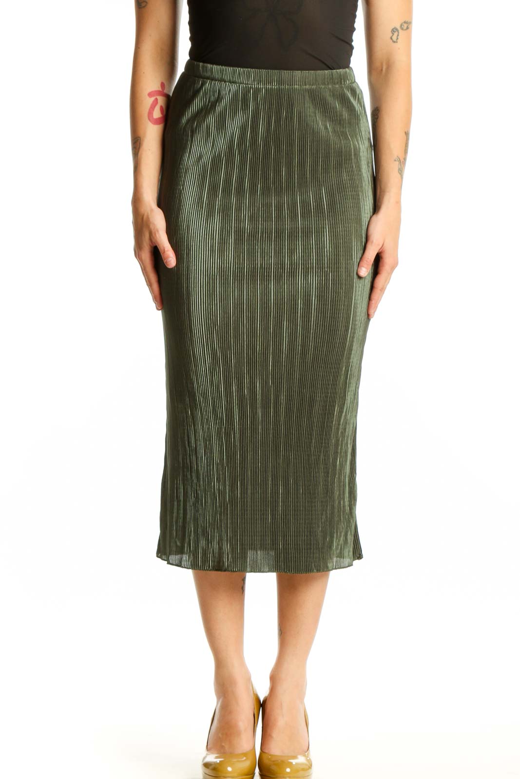 Green Pleated Midi Skirt Front
