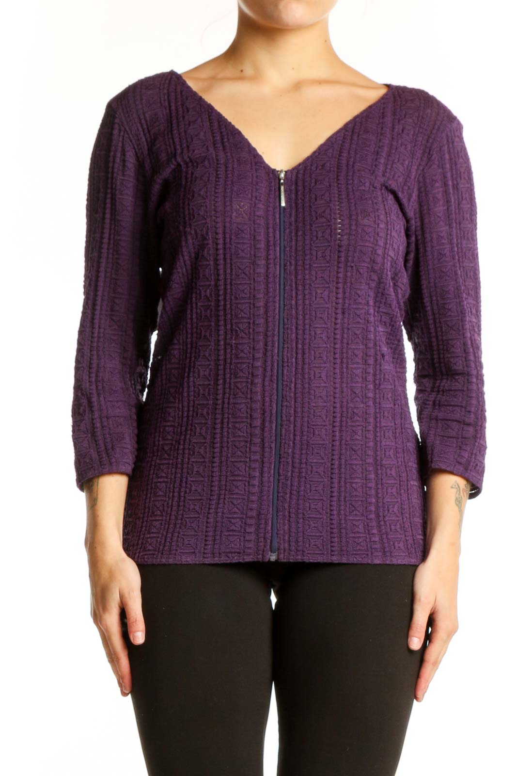Purple Ribbed Zip-Up Top Front