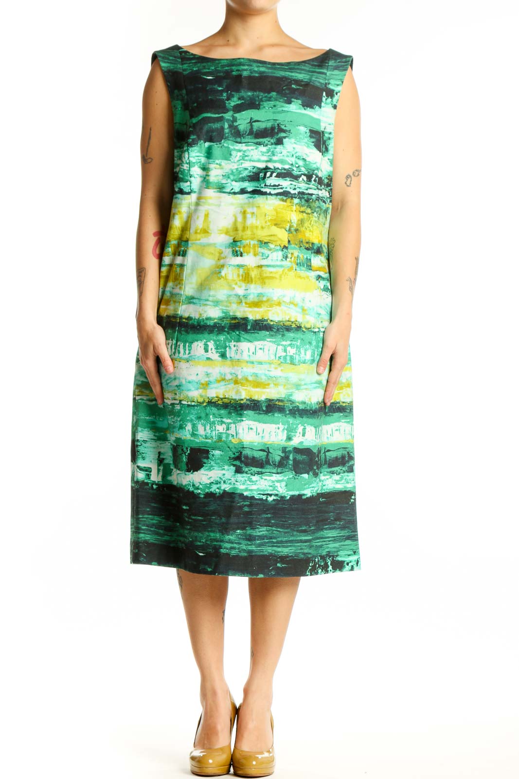 Green Abstract Striped Midi Dress Front