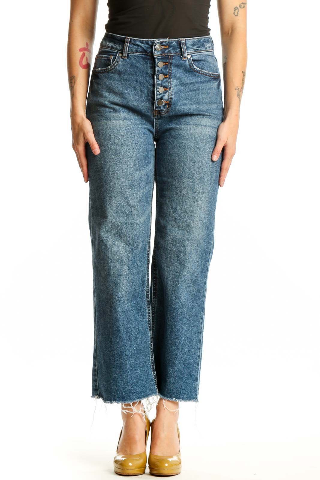 Blue Denim Cropped Straight Leg Jeans Front