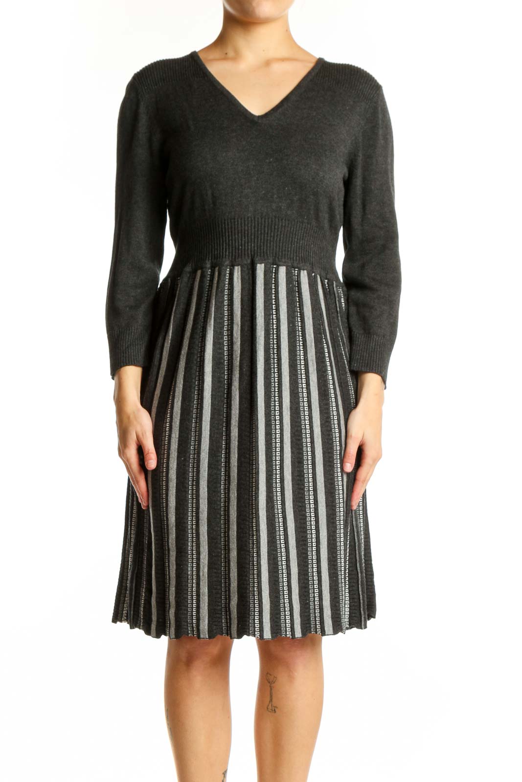 Charcoal Striped Pleated Knit Dress Front