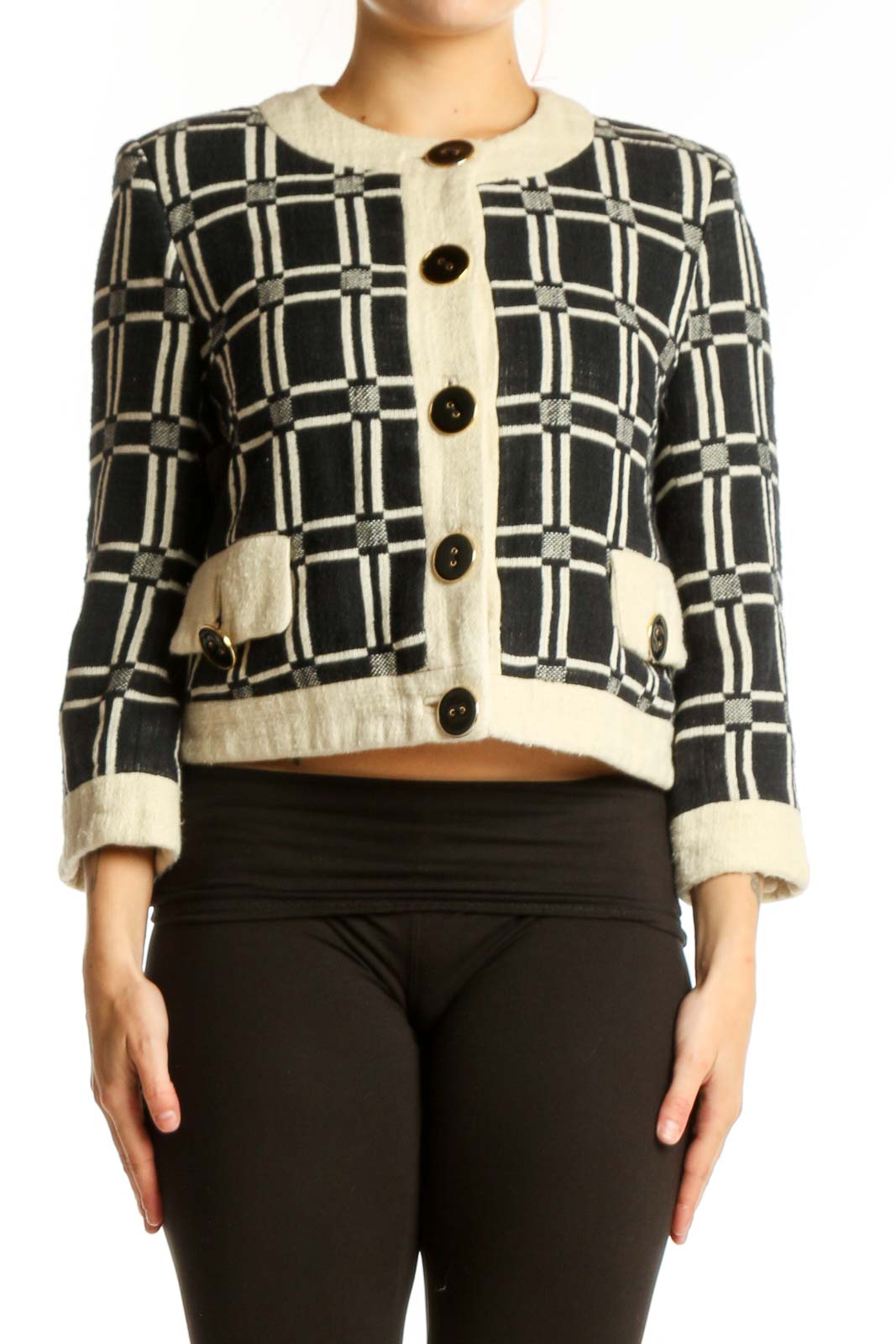 Black Cream Plaid Button-Front Jacket Front