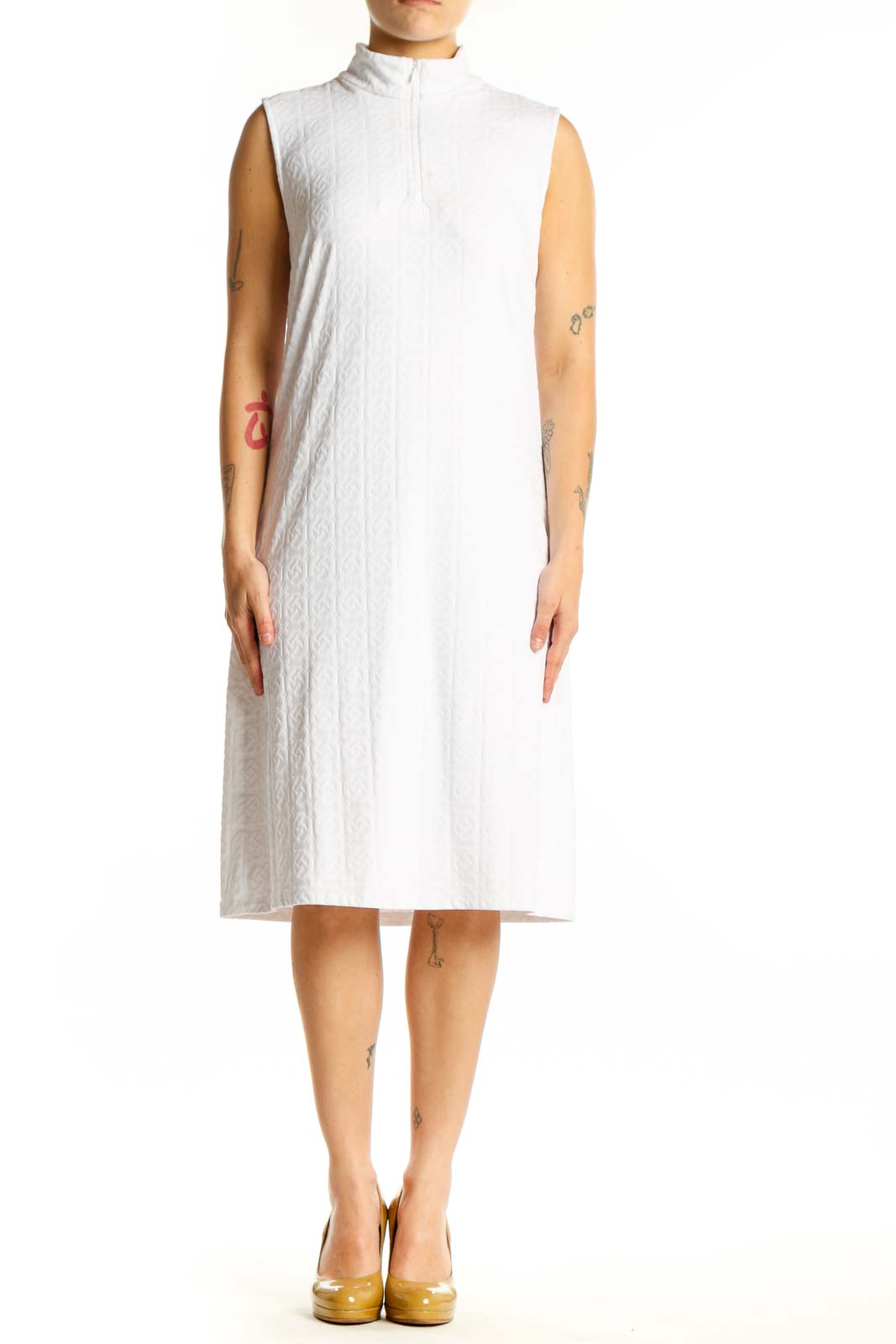 White Textured Sleeveless Midi Dress Front