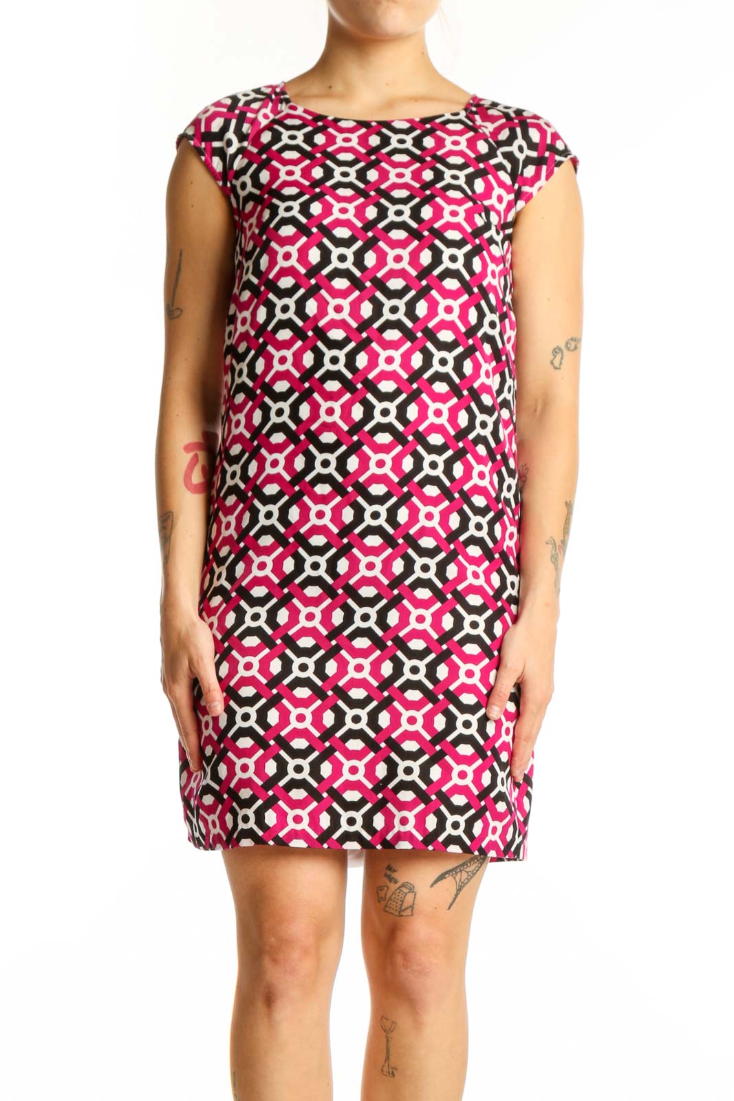 Pink Geometric Print Shift Dress Front