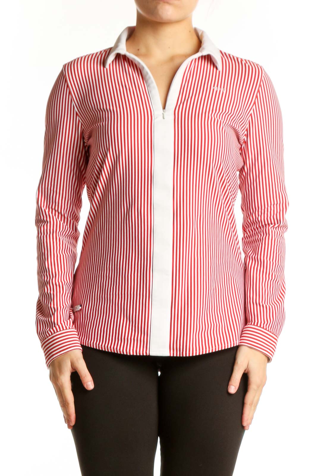 Red Striped Button-Up Blouse Front