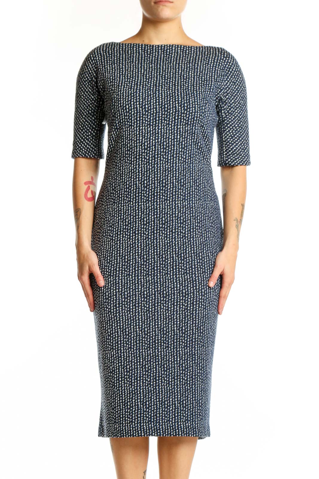 Navy Textured Knit Midi Dress Front