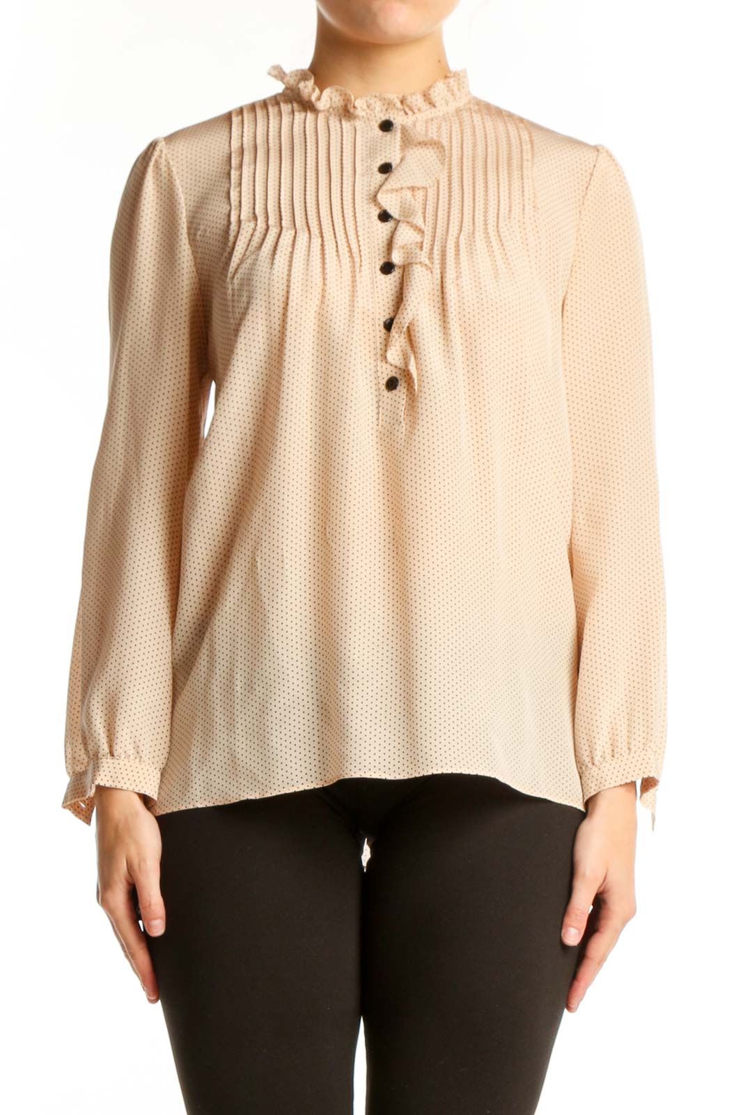 Cream Silk Pleated Button-Front Blouse Front
