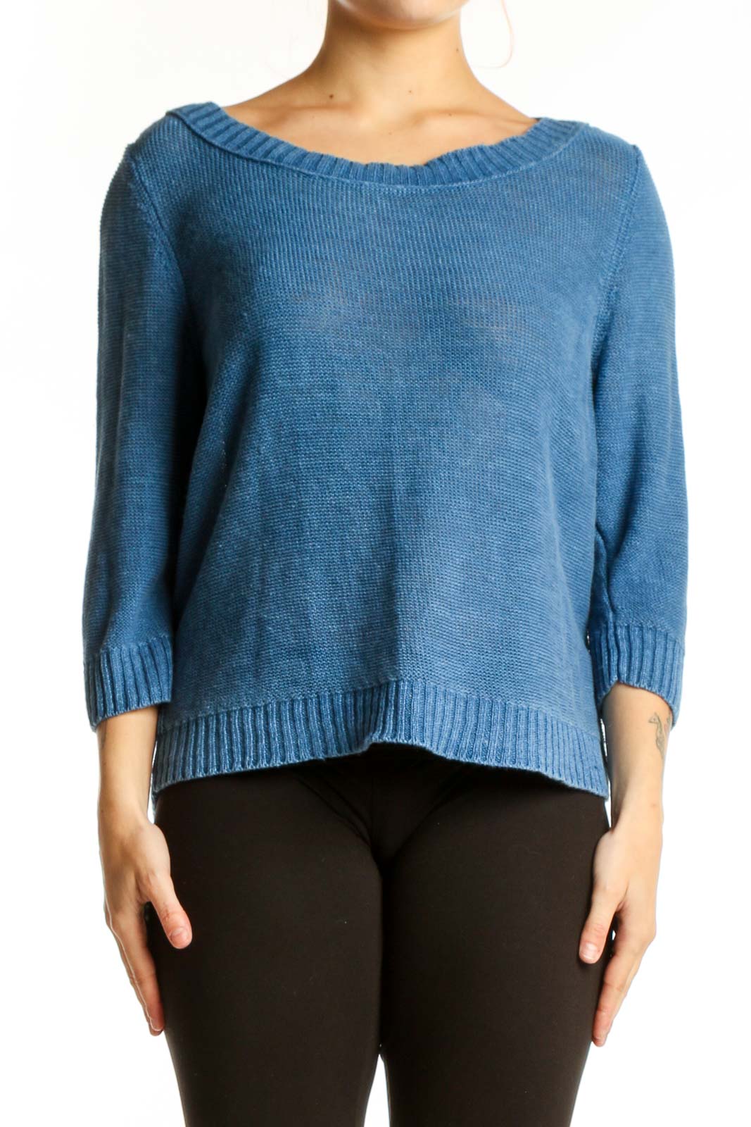 Blue Linen Knit Sweater Top Front