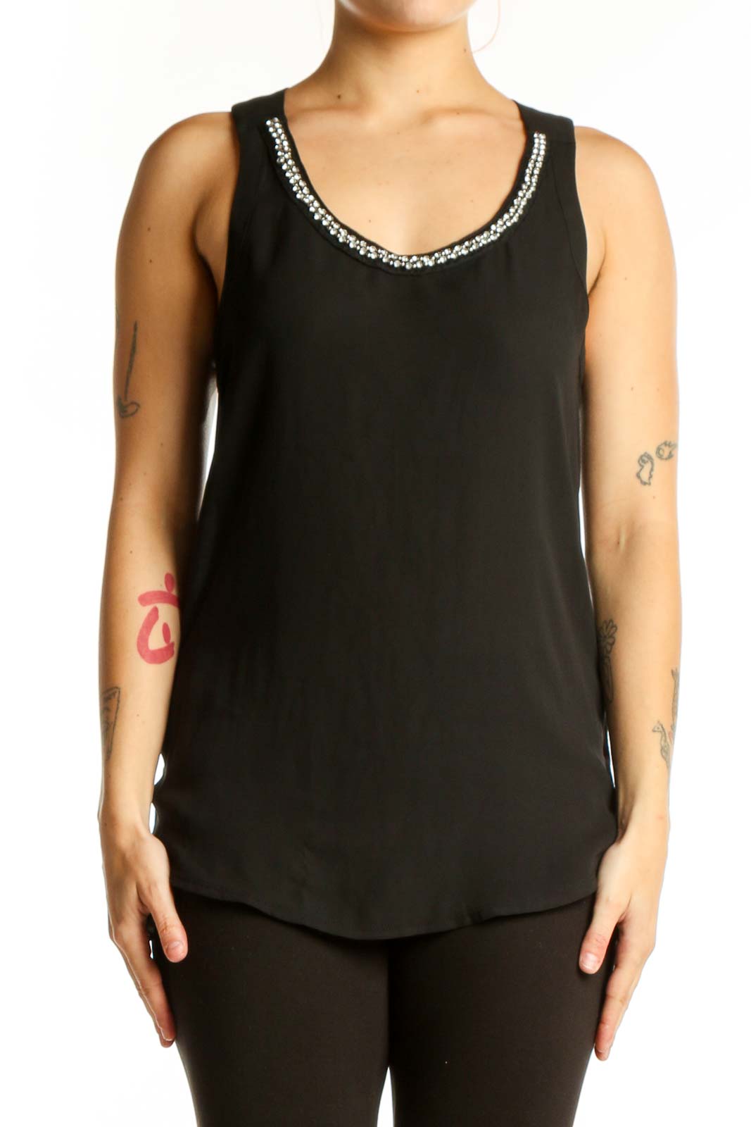 Black Embellished Tank Top with Rhinestone Neckline Front
