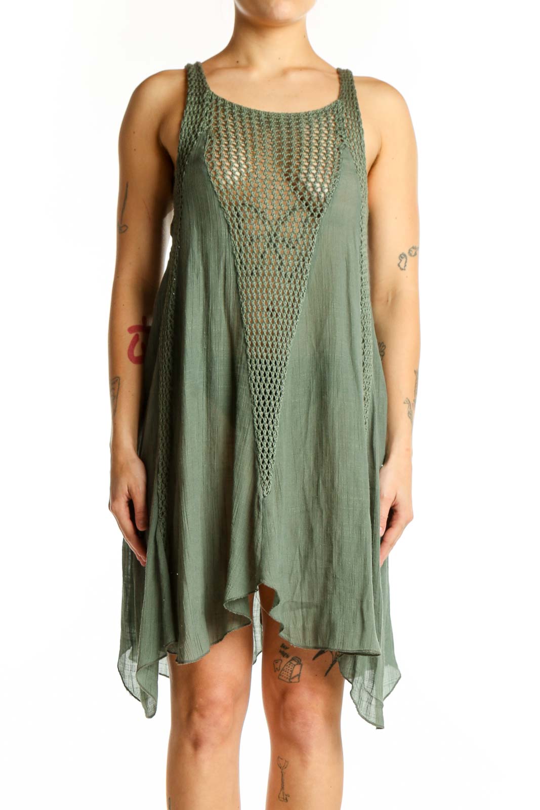 Green Mesh Overlay Asymmetrical Tank Dress Front