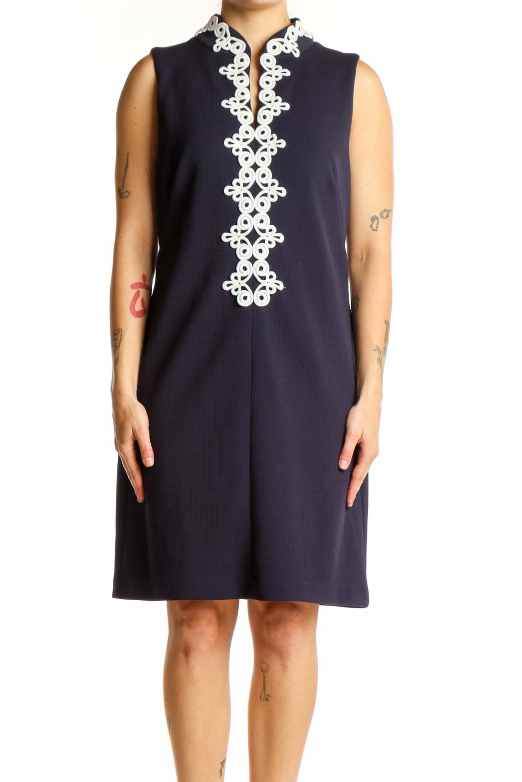 Navy Lace Trim Sleeveless Shift Dress Front