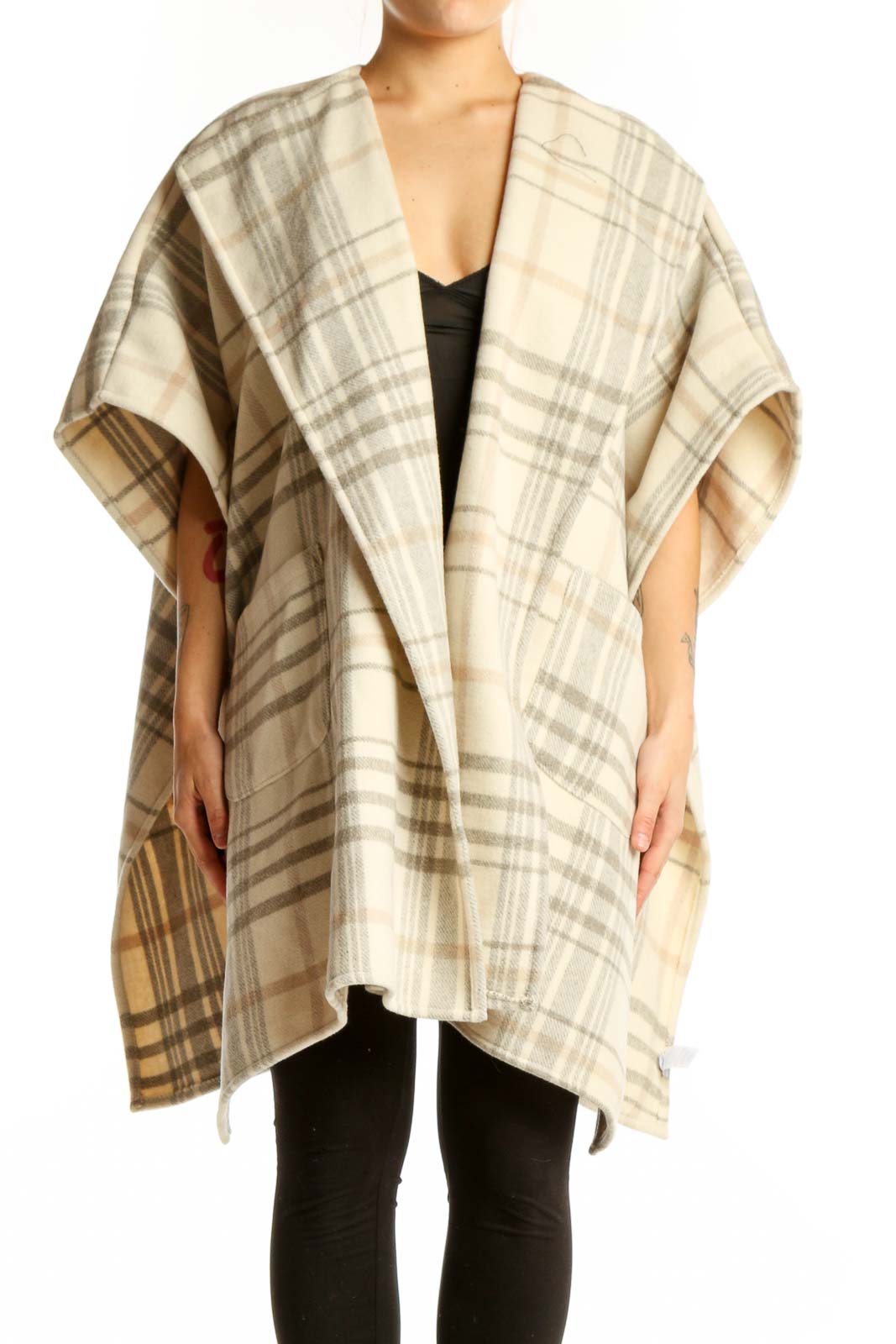 Cream Plaid Wool Blend Kimono Cardigan Front