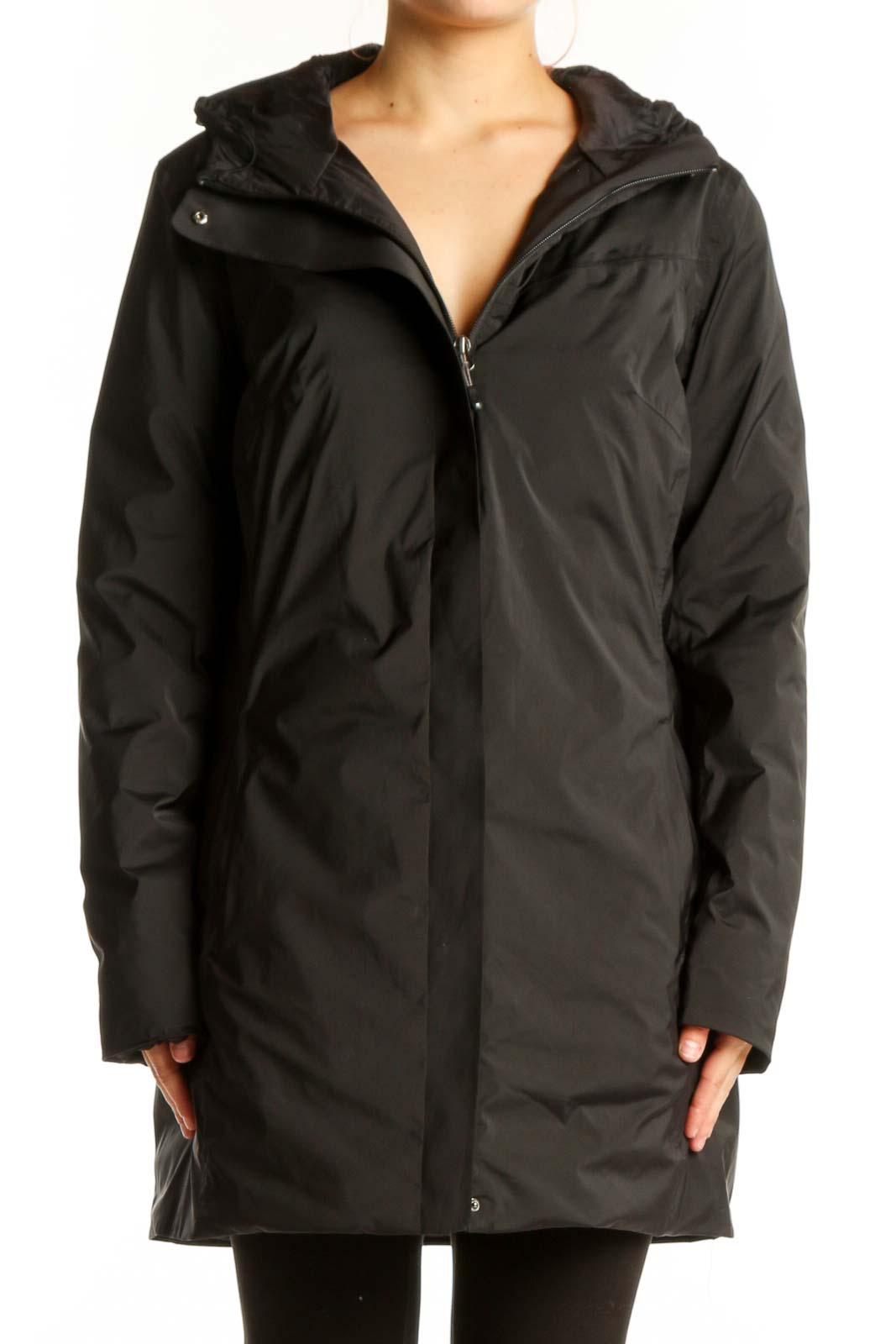 Black Hooded Puffer Jacket Coat Front