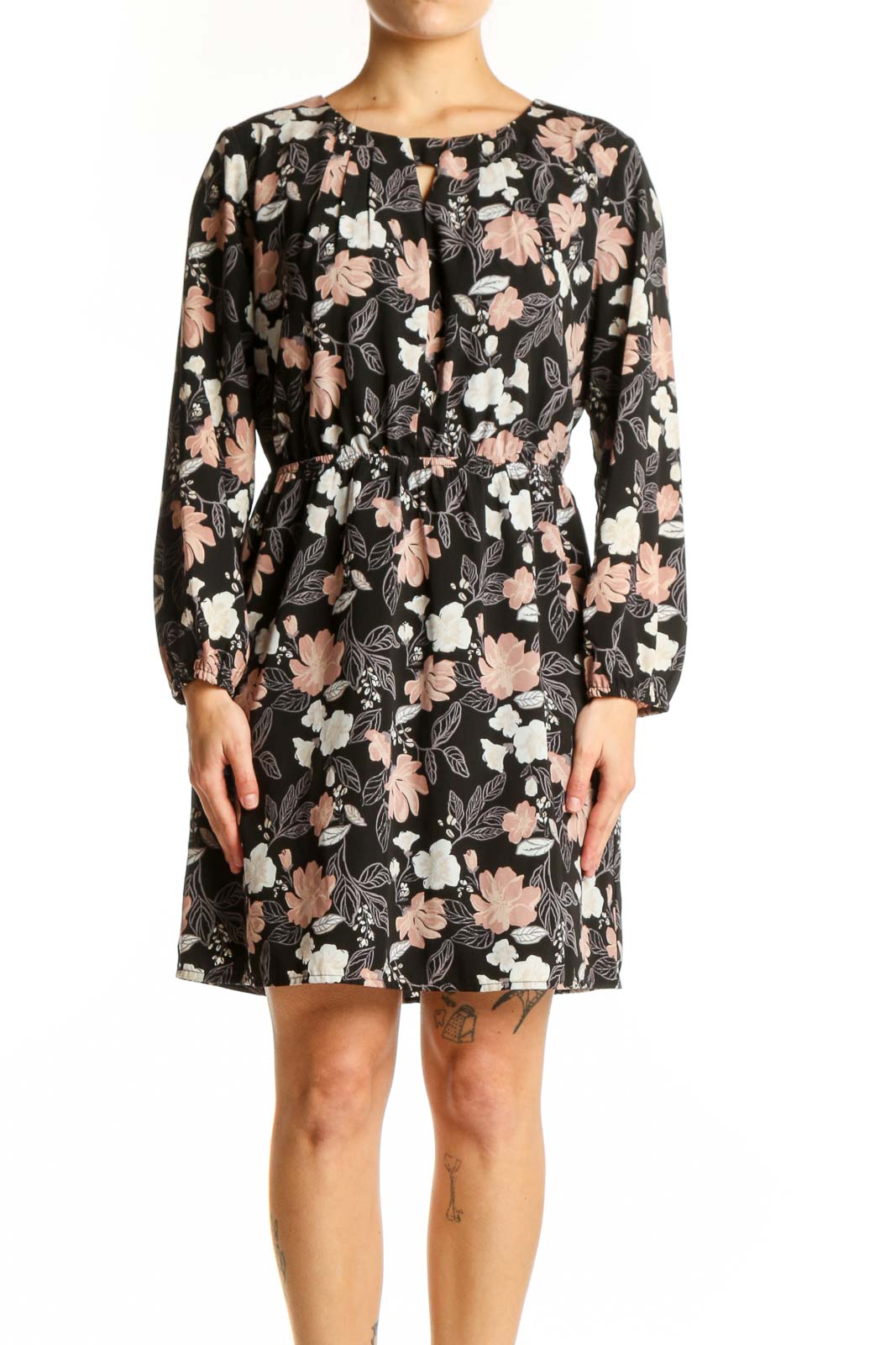 Black Floral Puff Sleeve Dress Front