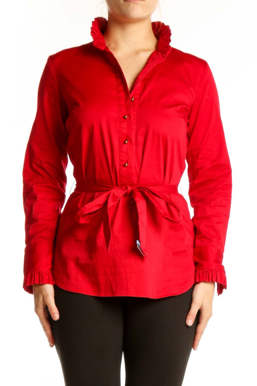 Red Ruffle Collar Button-Up Blouse Front