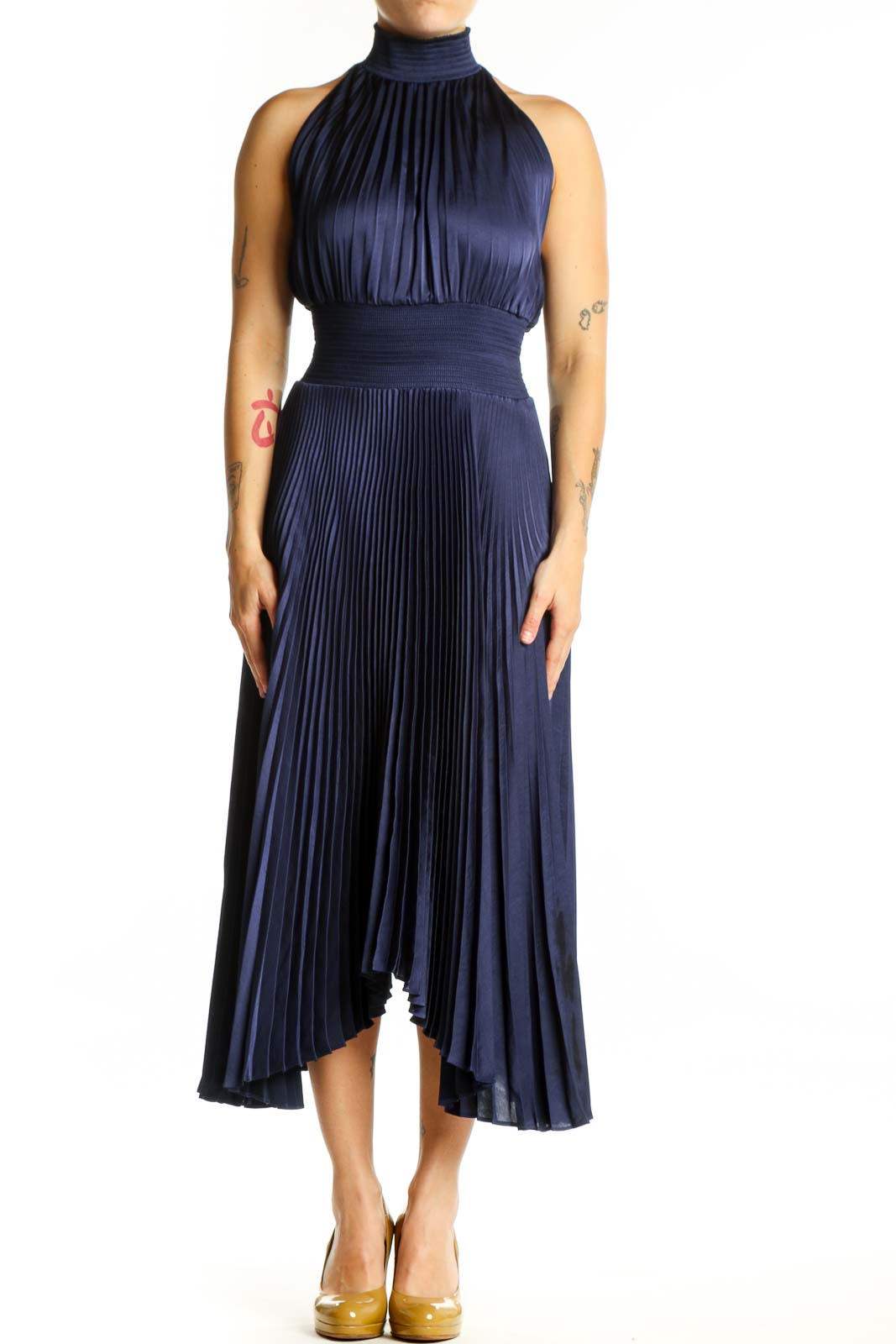 Navy Pleated Halter Midi Dress Front