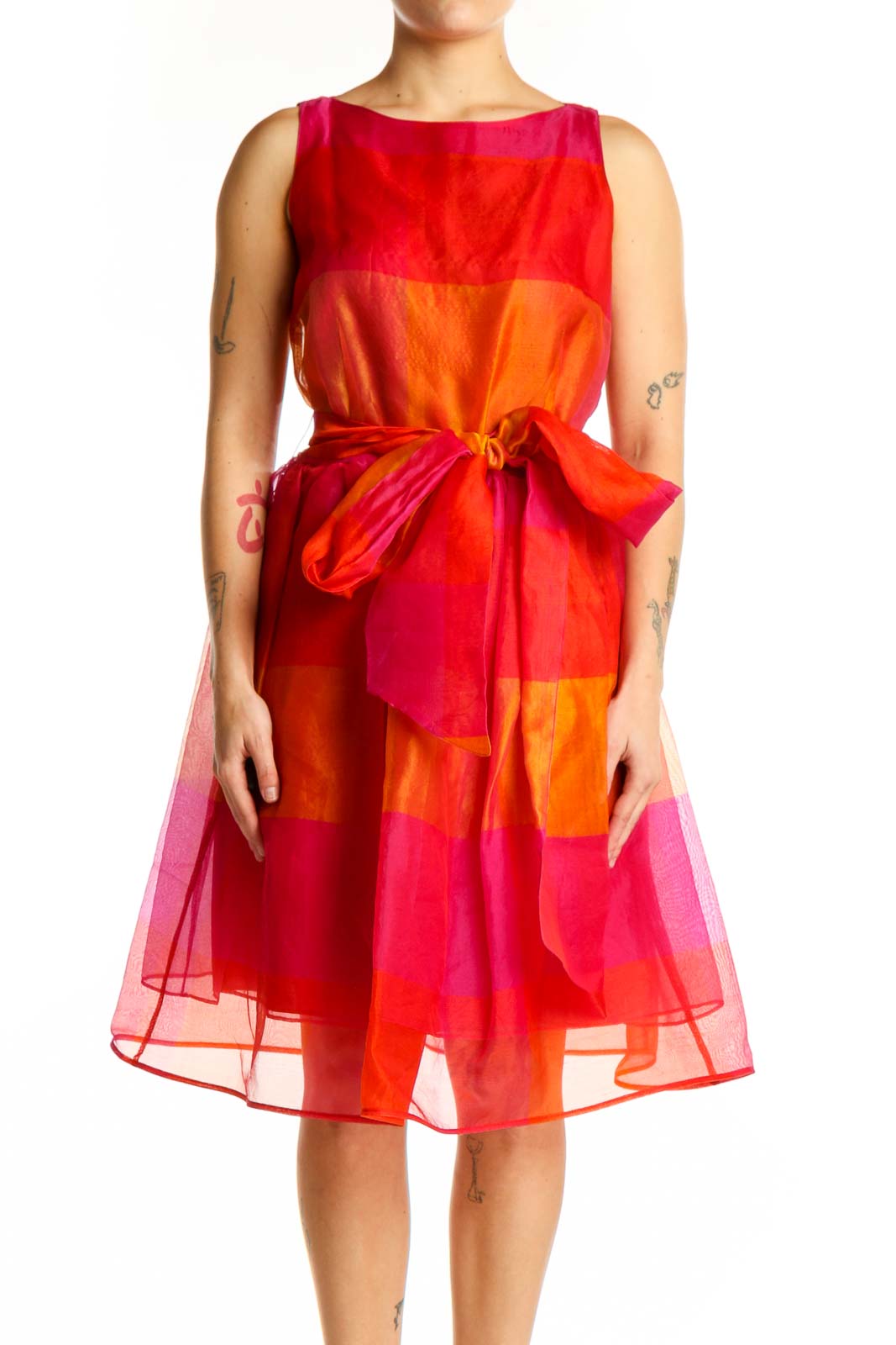Red Orange Colorblock Midi Dress Front