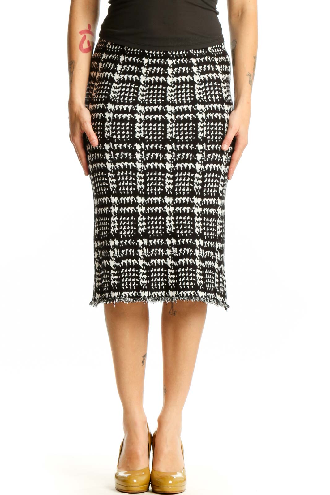 Black White Houndstooth Pencil Skirt Front