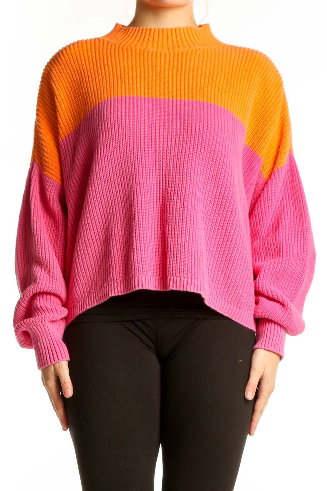 Orange and Pink Color Block Knit Pullover Front