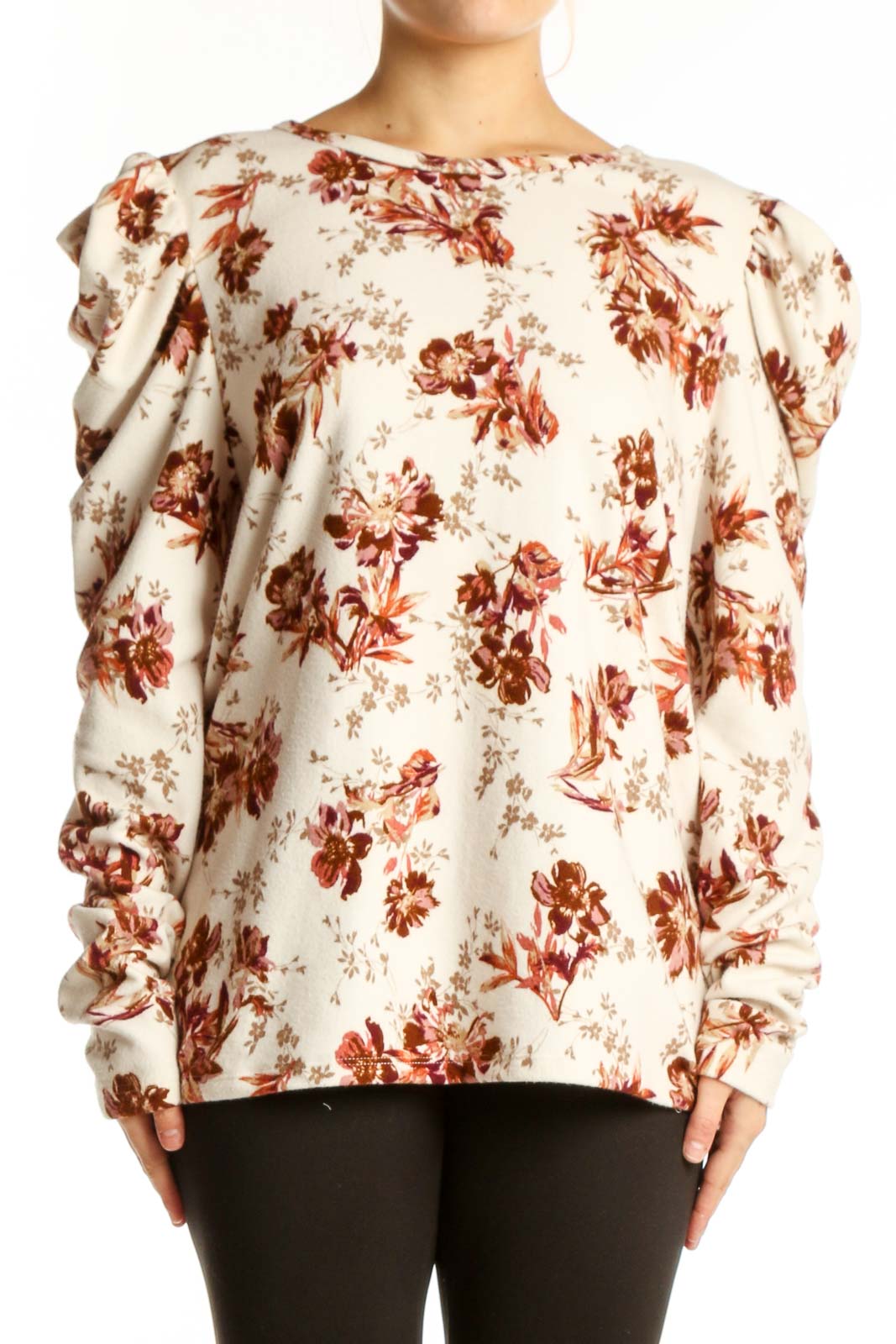 Cream Floral Puff Sleeve Blouse Front
