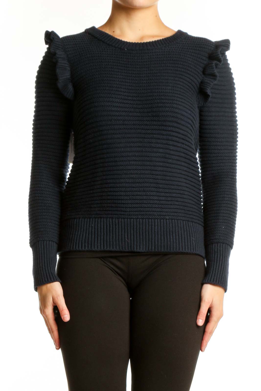 Navy Ruffle Shoulder Knit Sweater Front